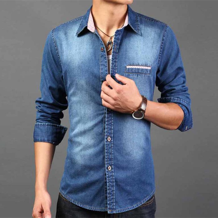 Long-sleeve denim shirt with button-down front