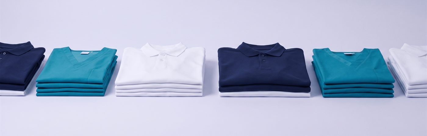 Lineup of folded polo shirts and medical scrubs in navy, teal and white